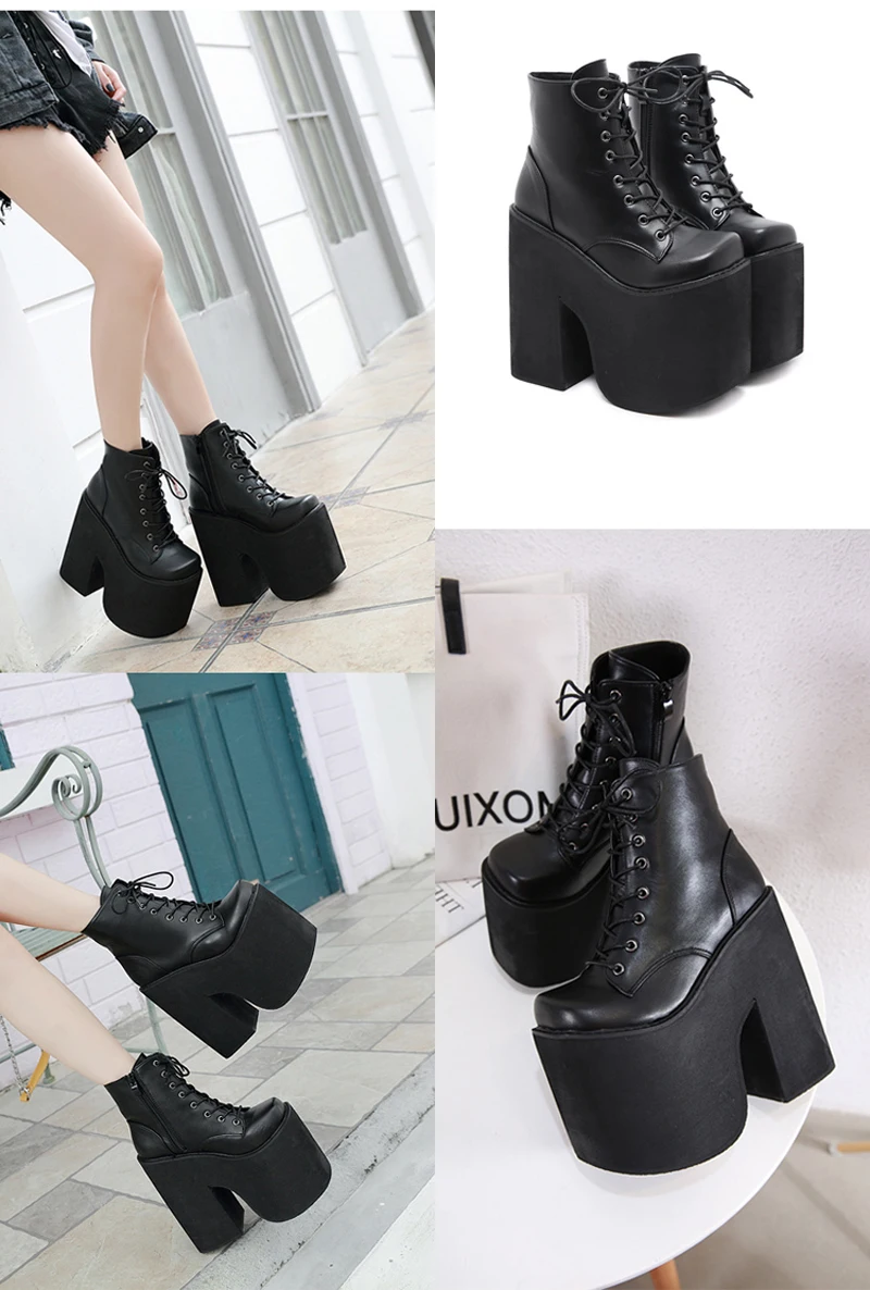 17cm Heel Motorcycle Boots Black Ankle Boots For Women Punk Cosplay Boots Fashion Goth Platform Boots Autumn Women High Heels