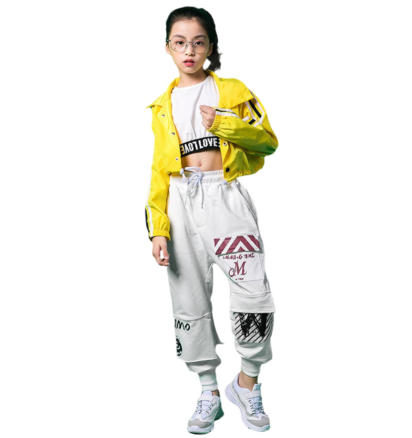 

3PCs Kids Girls Jazz Dance Clothing Hip-Hop Top Loose Street Dance Costume Long Sleeve Jacket Vest Pants Performance Costume