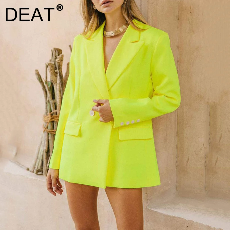 

DEAT 2021 new winter and Fit fashion women clothes notched full sleeves double breasted yellow blazer top WP93507L
