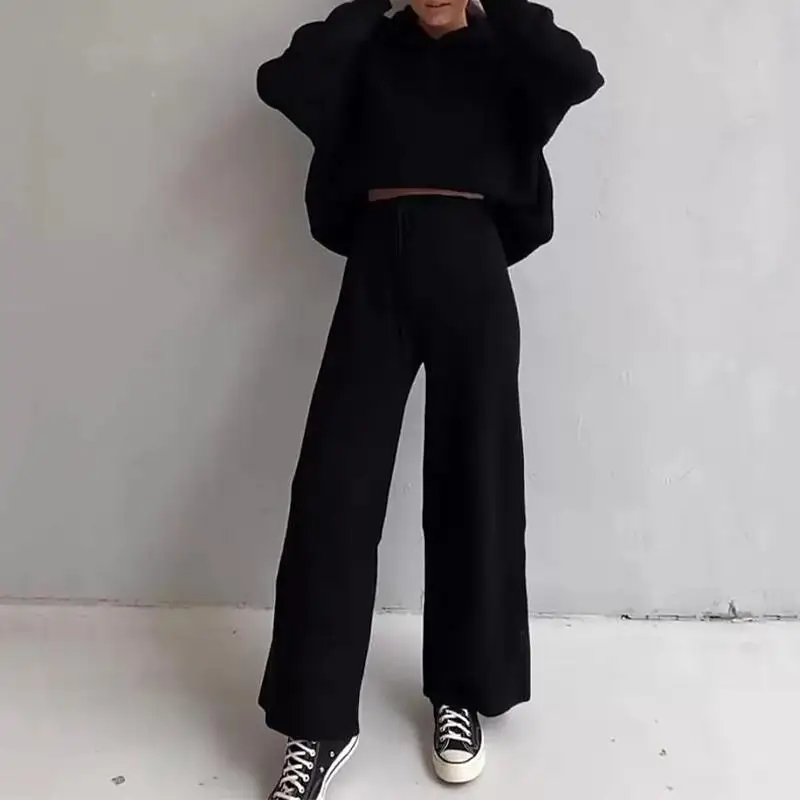 

Lady's Autumn Knitted Sweat Suits Women Matching Sets Long Sleeve Hoodie+wide-legged Pants Loungewear Sweater Set 2 Piece Outfit