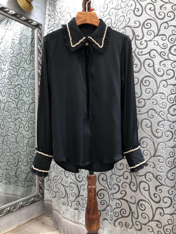 

2020 autumn and winter new women's clothing leader mouth woolen material drill stitching lapel tie long-sleeved versatile shirt