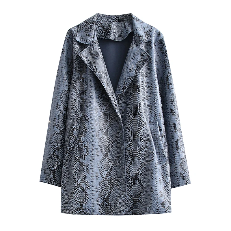 

2021 za Women fashion snake print faux leather coat vintage long sleeve pockets female outerwear chic overcoat