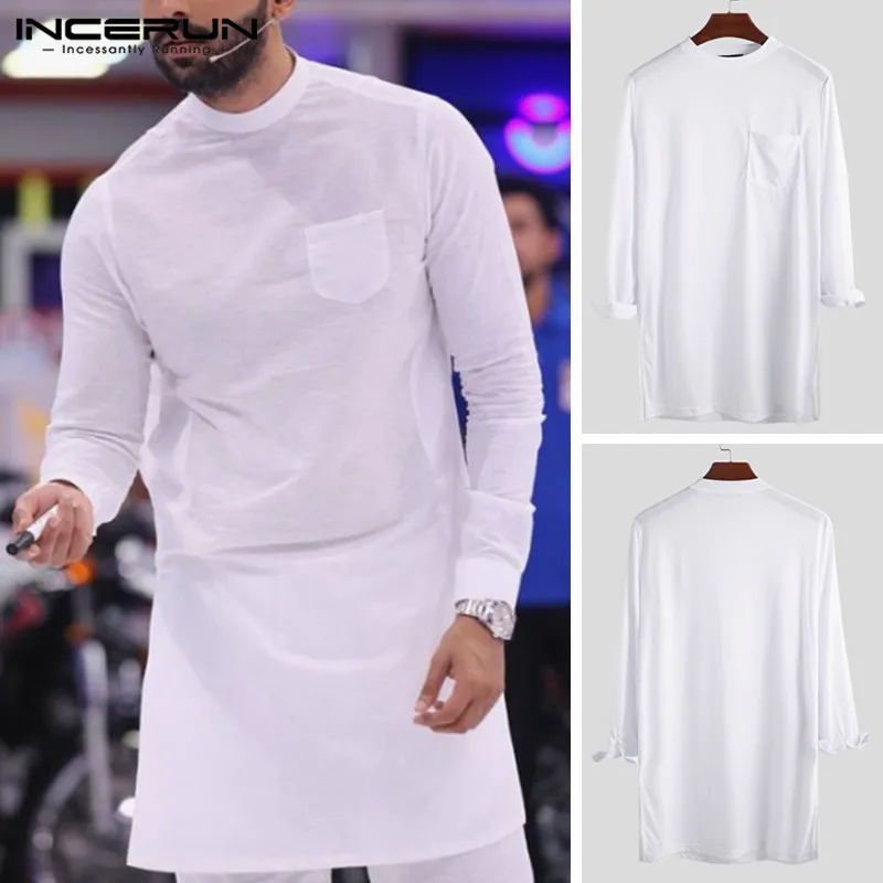 INCERUN Fashion Men T Shirt Solid O Neck Long Sleeve Pockets Hip-hop Tops Pakistan Casual Indian Long T-shirt Men Clothing