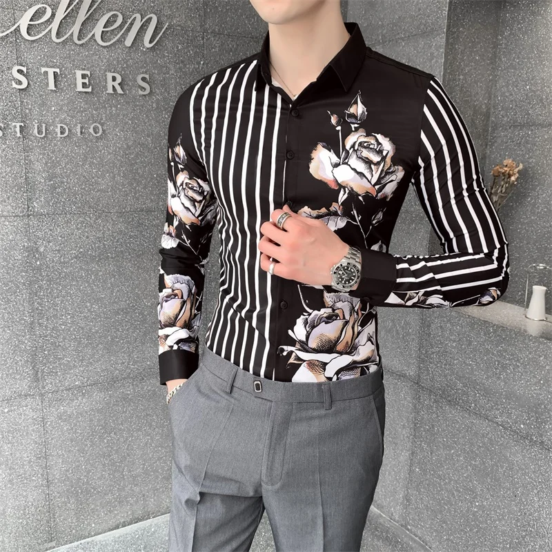 Мужская рубашка белого/черного цвета корейская модная Осенняя с цветочным