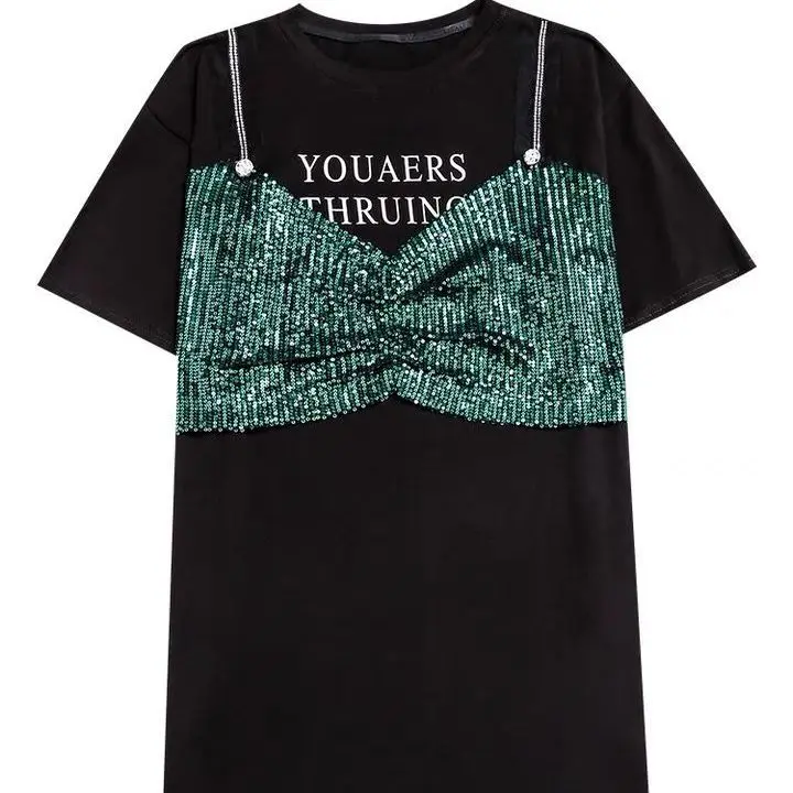 

New 2021 new summer design fake two short sleeve T-shirts women's Sequin medium length top fashion versatile splicing T-shirt