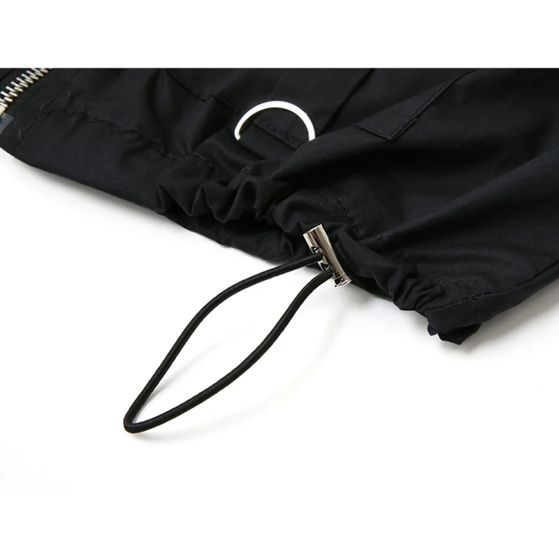 

Gothic Streetwear Crop T Shirt Women Long Sleeve Zipper Punk Sexy Tees Female Hem Drawstring Slim Square Collar Club Chain Tops