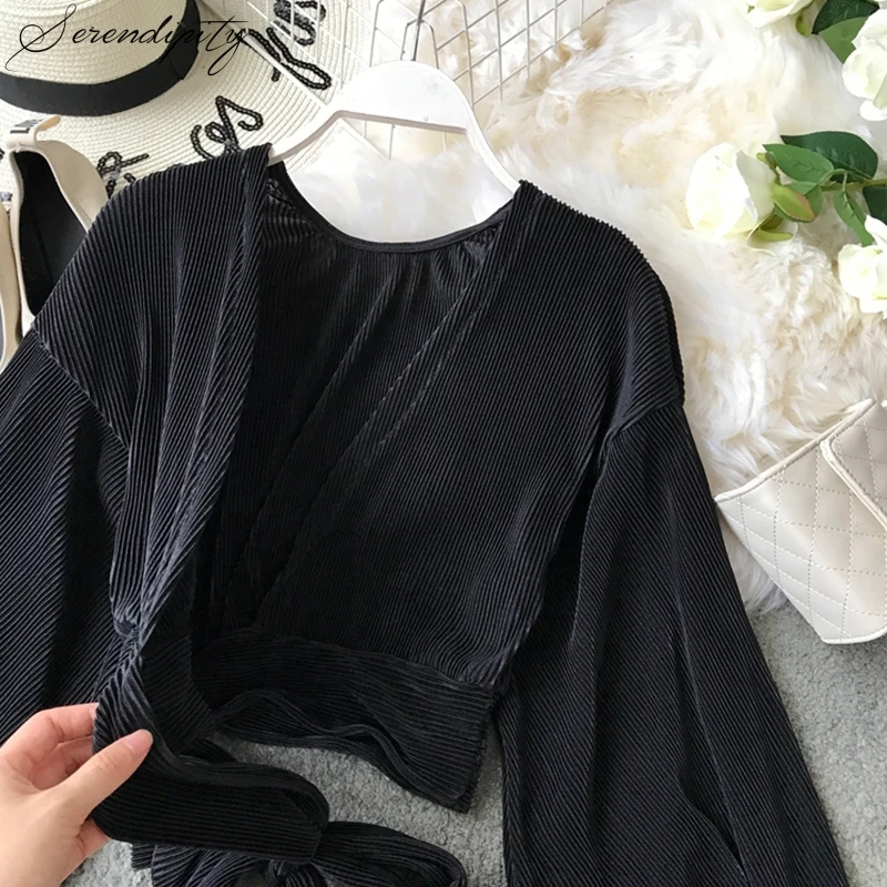 

Chiffon Pleated Ruffle Short Blouse Shirt Summer Blouse Chemise Cardigan Blusas Women Tie Bow Feminine Lantern Sleeve Sexy Full