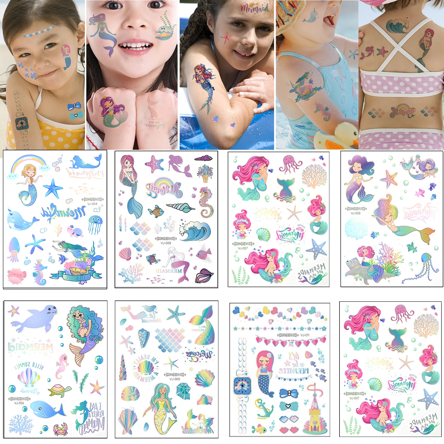

1pc Laser Mermaid Temporary Tattoo Cartoon Fake Tattoo Stickers Kids Children Hands Arm DIY Body Art Mermaid Party Decoration