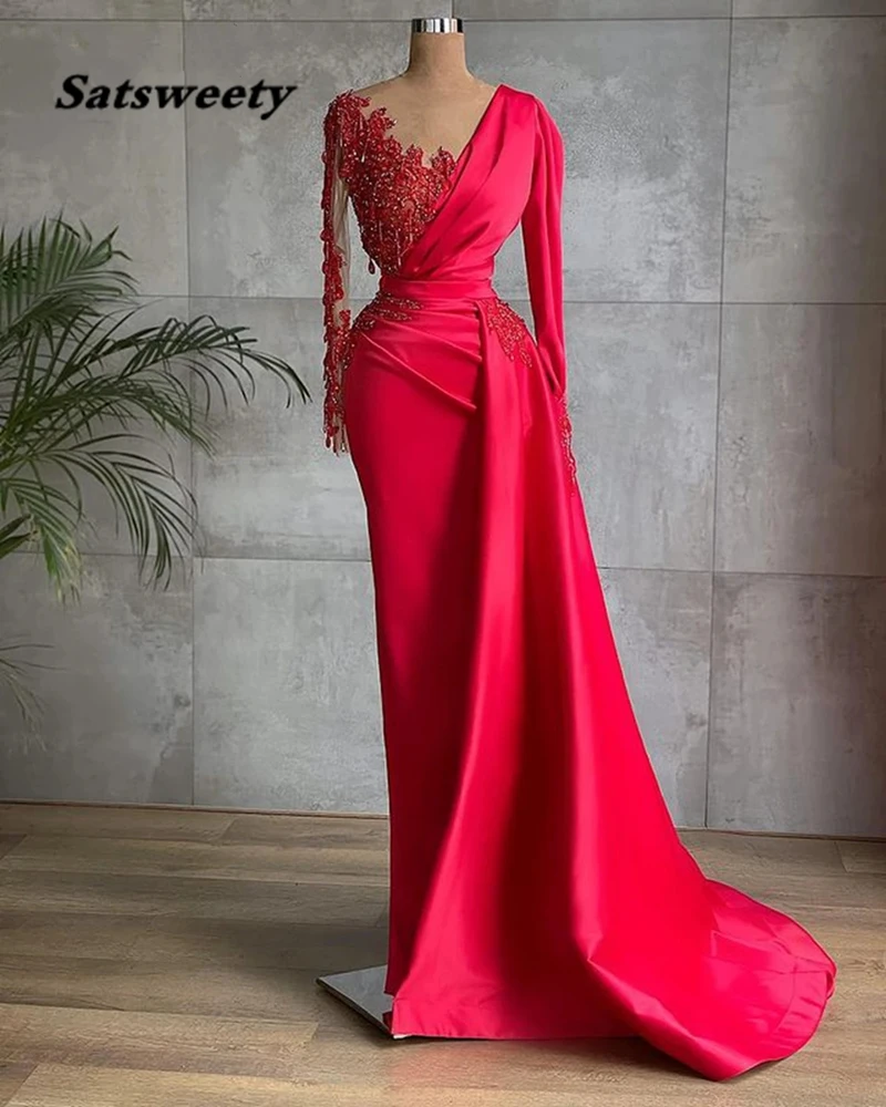 

Luxury Long Sleeve Mermaid Style Sheer Mesh Beaded African Women Red High Quality Satin Long Evening Dresses