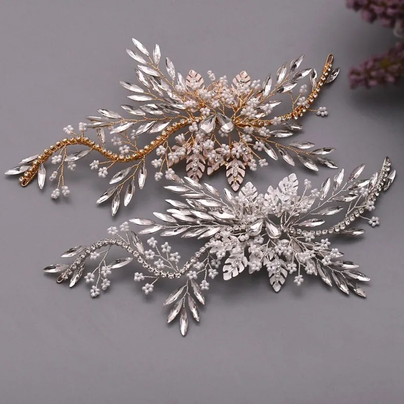 Shine Gold Silver Color Leaf Headpiece Bridal Hair Clip Crown Rhinestone Wedding Prom Women Hair Piece Ornament