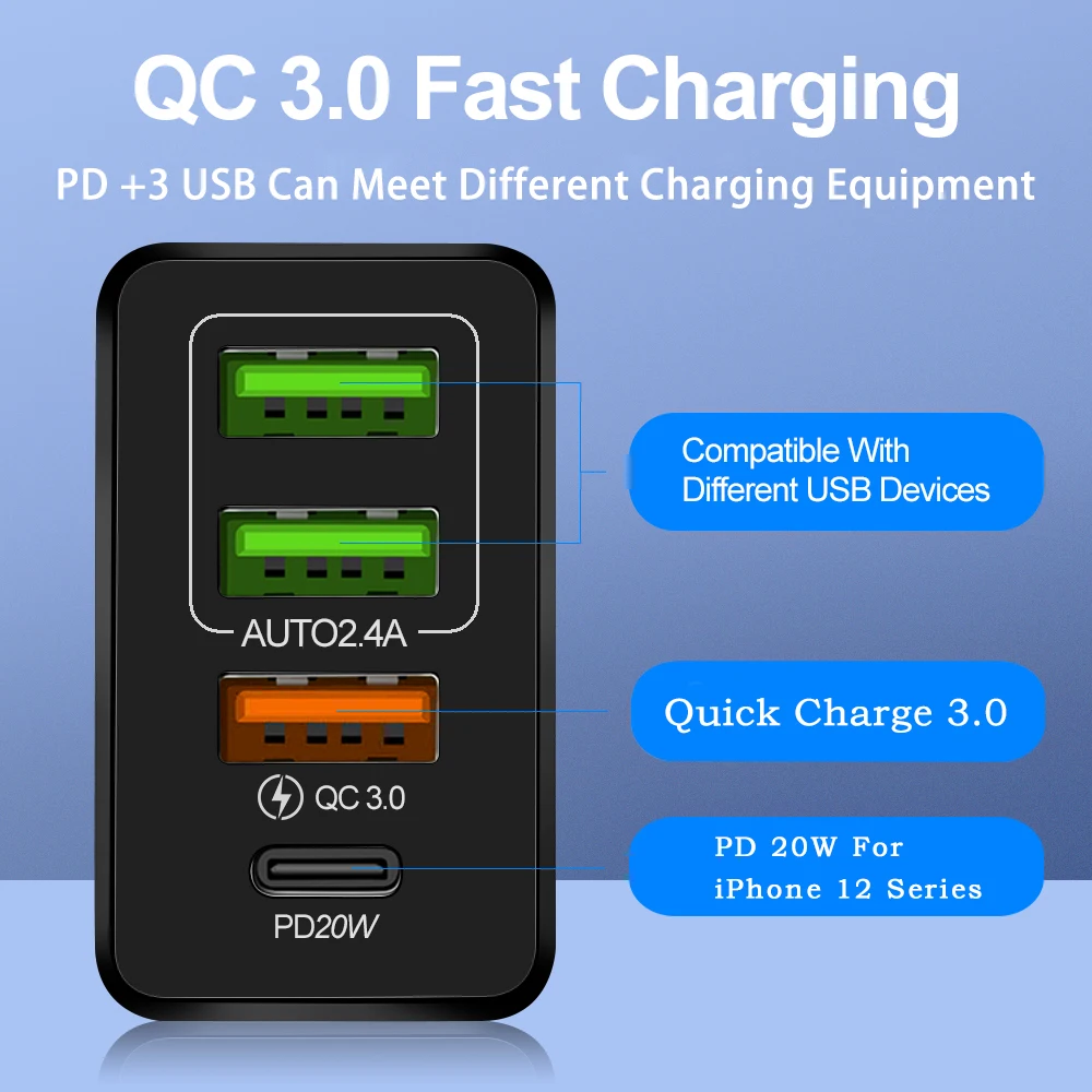 PD USB C зарядное устройство 36 Вт 4 порта быстрая зарядка 3.0 мобильный телефон
