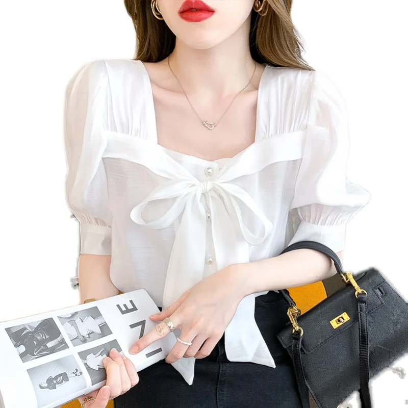 

2021 summer new trend fashion bow tie lace chiffon shirt loose and thin western style top women