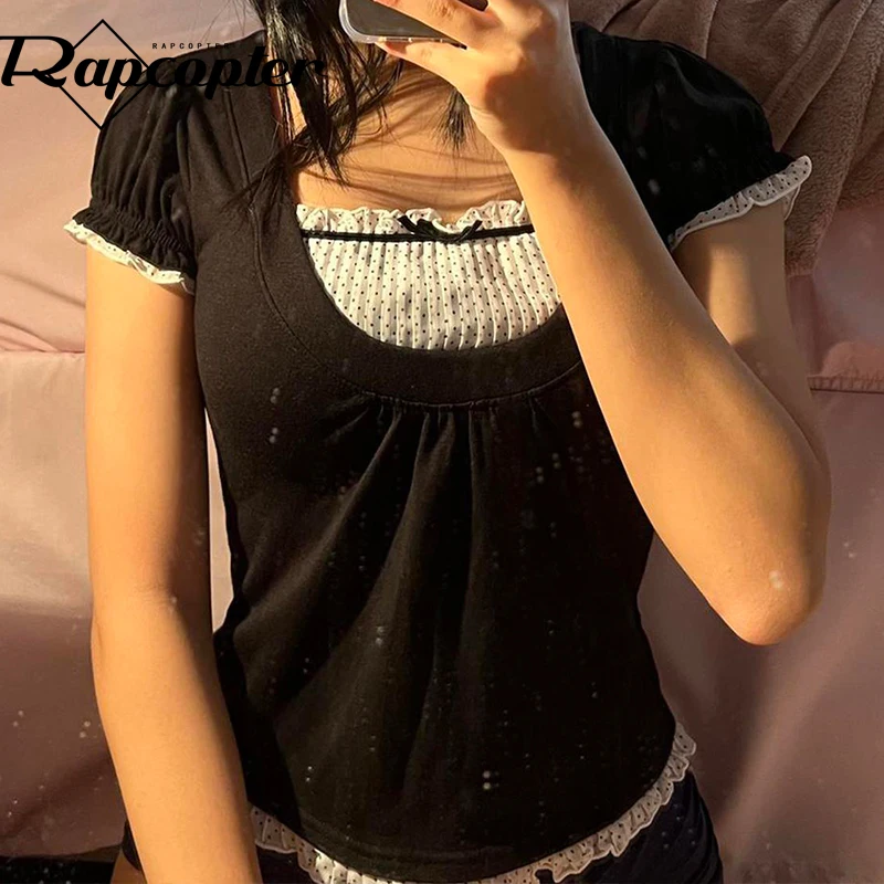 

Топ женский летний в горошек с коротким рукавом, квадратным вырезом и оборками