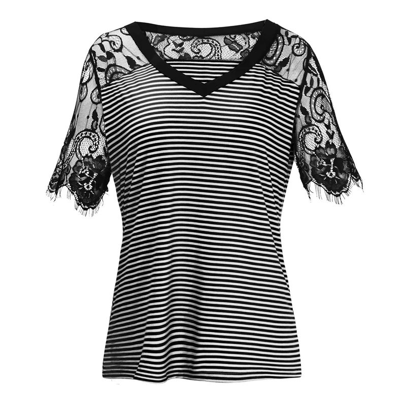 Женская летняя модная Кружевная футболка в полоску с v-образным вырезом | одежда