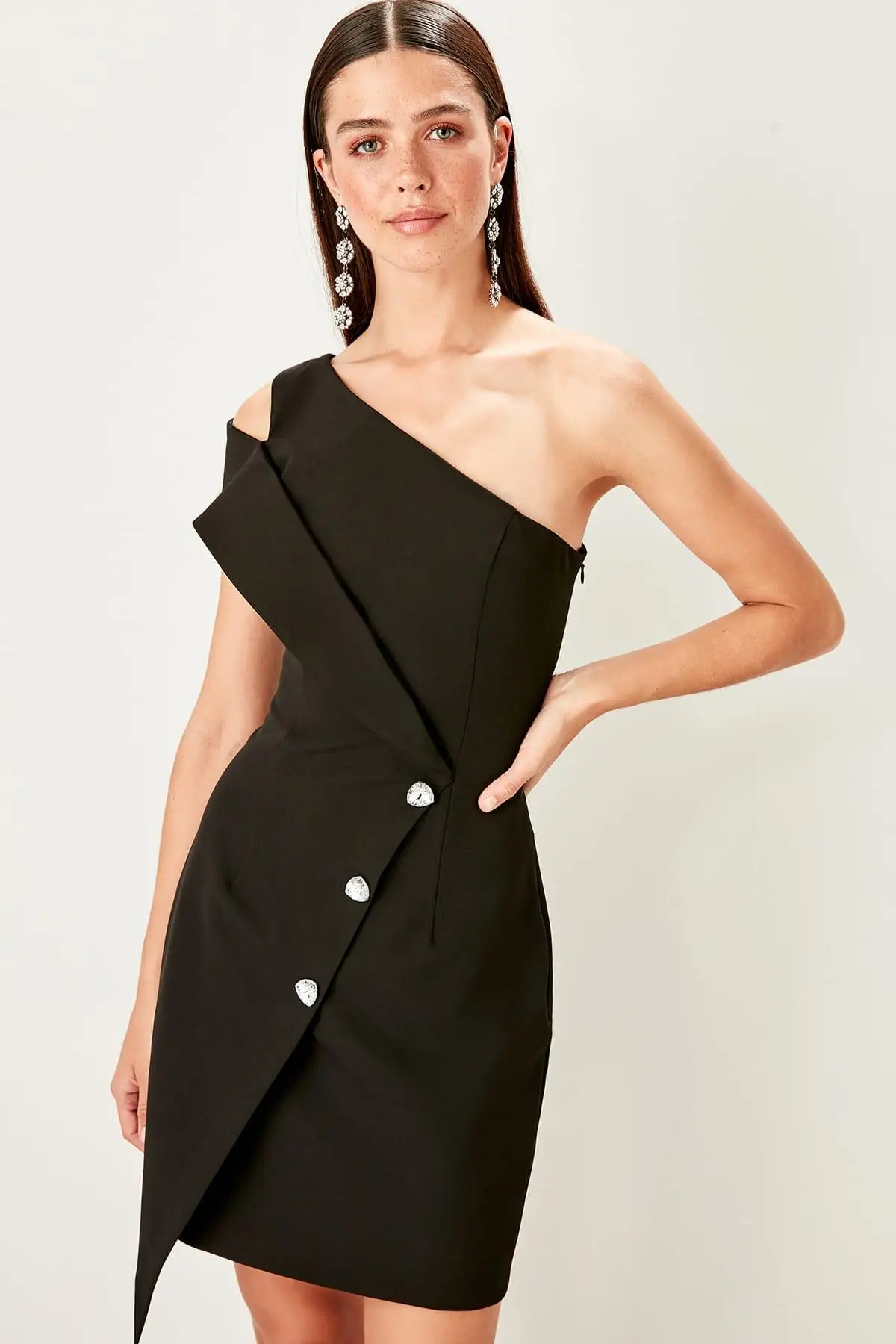 Trendyol черное асимметричное платье TPRSS19UZ0101|Женские платья| |