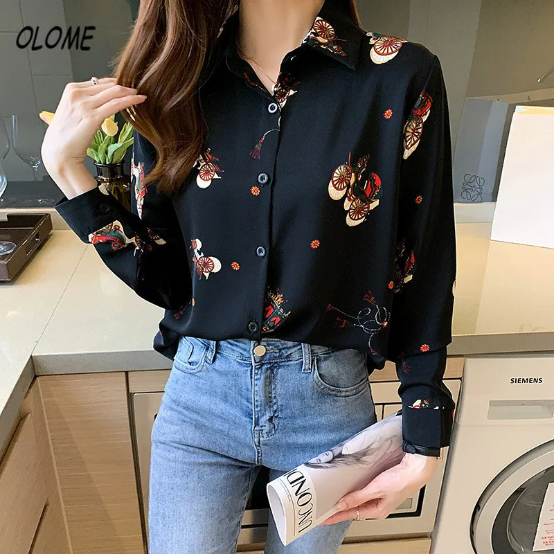 

2021 Korean Women Chiffon Shirt Spring Long Sleeve Floral Printed Elegant Women'S Loose Blouses Tops Female Clothing Tunics