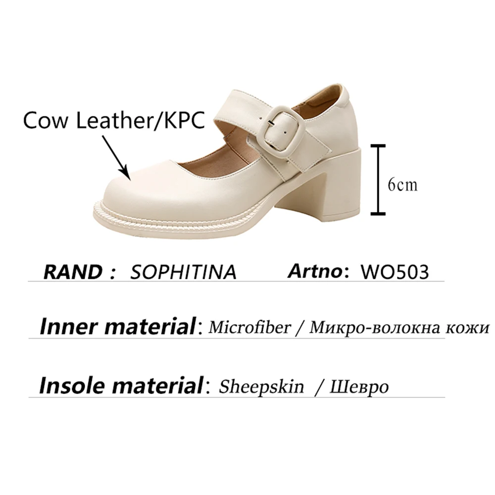 SOPHITINA Casual Women's Pumps Genuine Leather Round Toe Square Heel Mary Janes Pumps Office Buckle Strap High Heels Shoes WO503