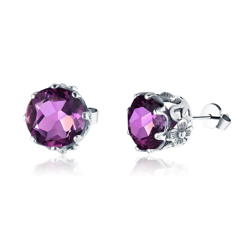 

Szjinao 925 Sterling Silver Earring studs With Round Amethyst Gemstones Earrings For Women Wedding Engagement Party Brincos Hot