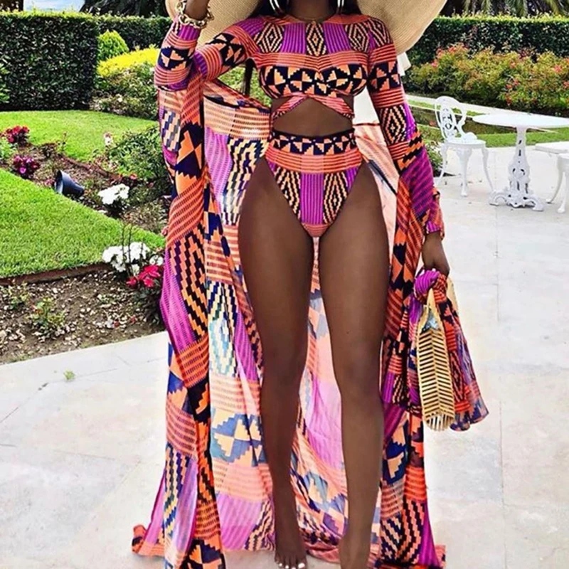 Купальник с длинным рукавом в африканском стиле комплект бикини высокой талией