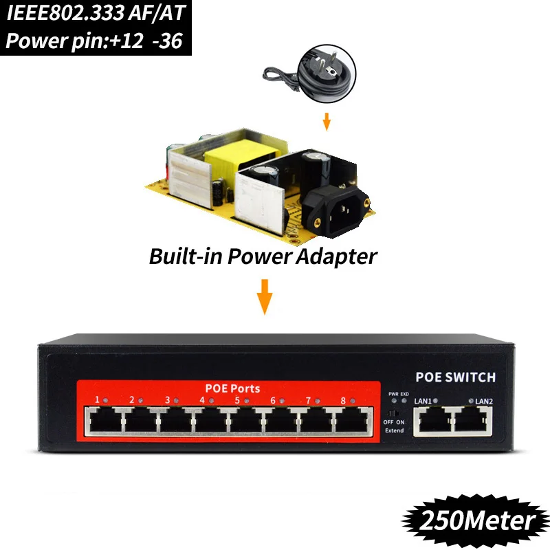 POE коммутатор с 10 портами 48 В стандартный IEEE 802 3 af/at RJ45 ethernet 10/100 Мбит/с для всех