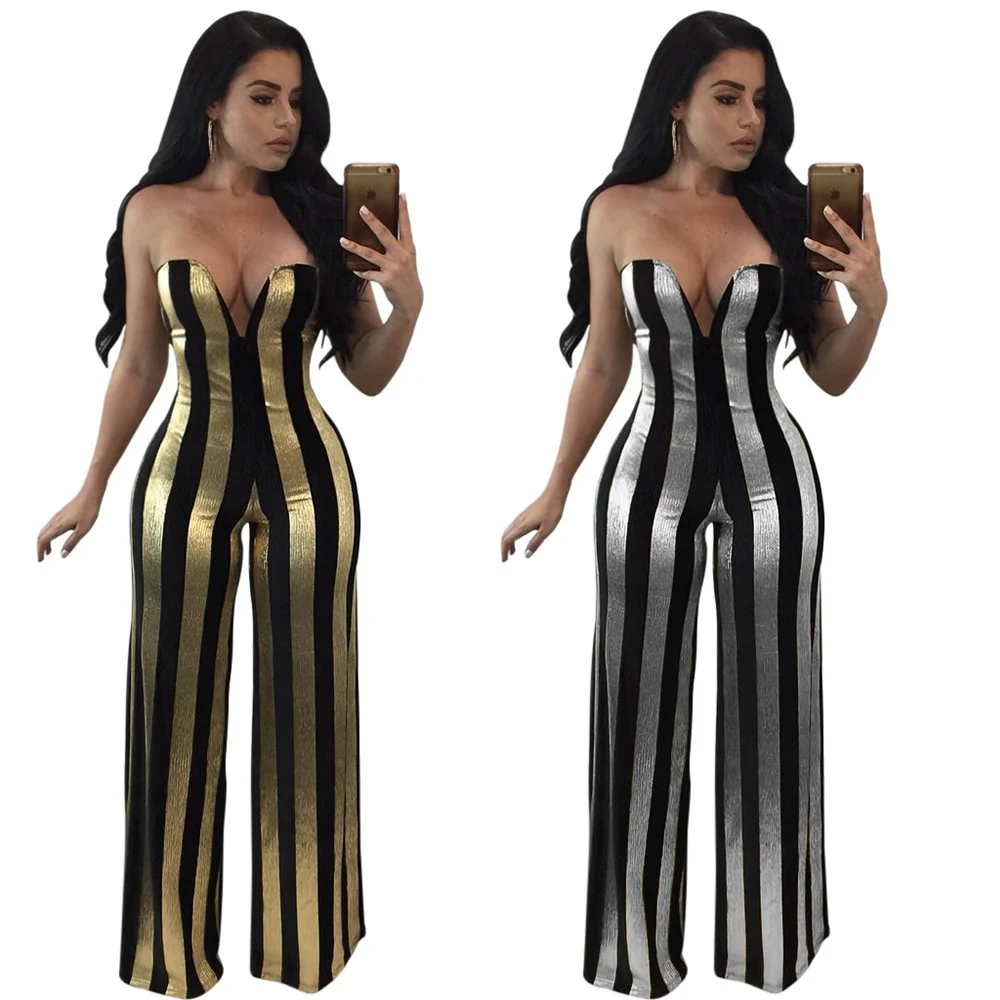 

Cutubly Jumpsuits Rompers Wrap Chest V Neck Sexy Party Club Outfits For Women Gold Jumpsuit Womens Striped Pants Romper Overall