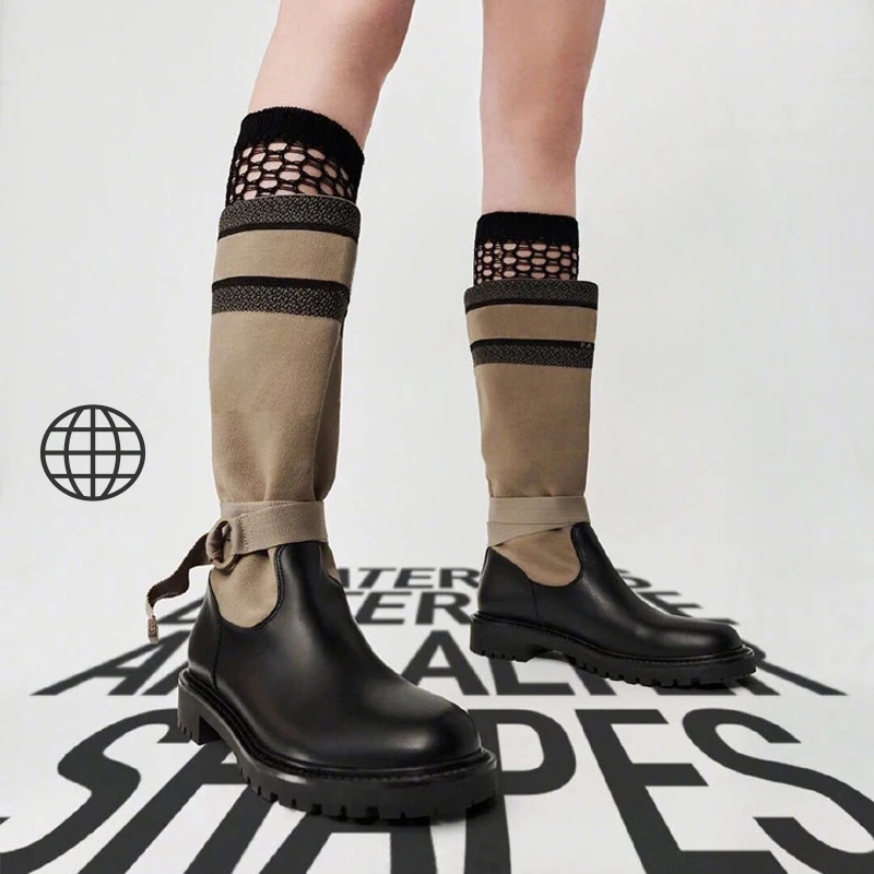 

New Knee High Round Toe Flat Shoes Women Fashion Casual Cool Leather Knitt Patchwork Boot Motorcycle Winter Summer Ladies Boots