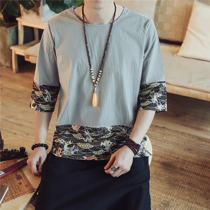 

Man Summer Vintage Shirts Embroidery Chinese Top Cotton Linen Carp Kung Fu Hanfu Traditional Chinese Clothing for Men Blouse