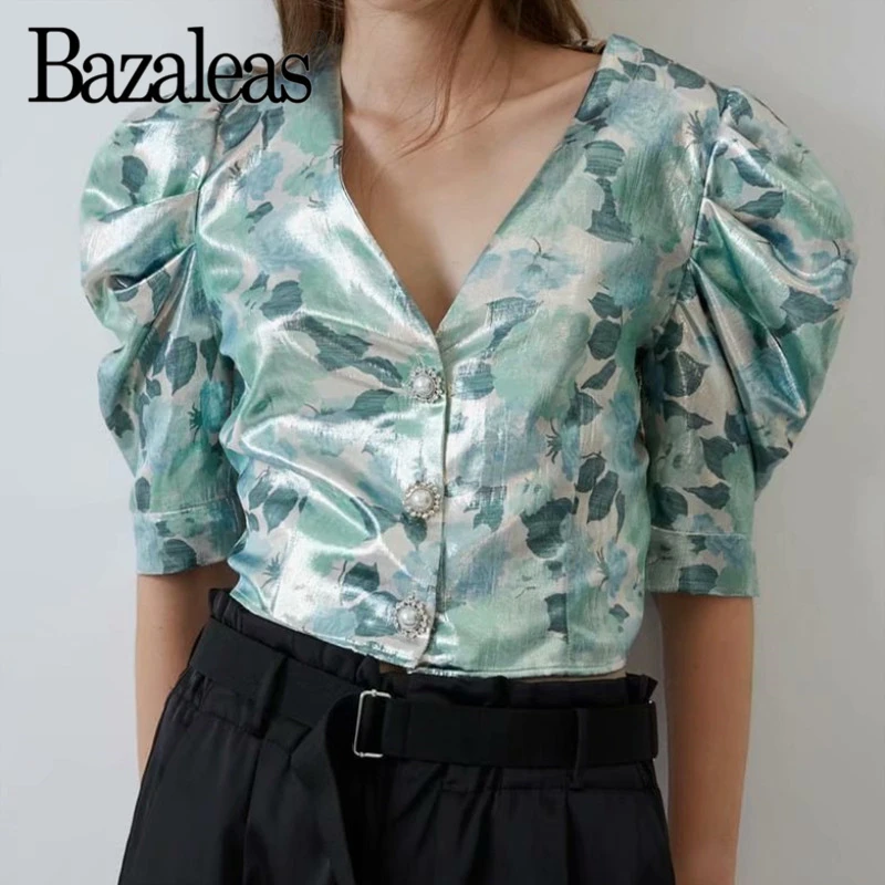 Bazaleas Мода V шеи шикарные blusas mujer de moda 2019 Зеленая Атласная Блузка с цветочным
