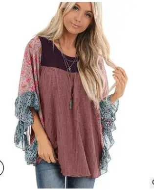 

Женская футболка большого размера в стиле бохо с рукавом до локтя, женский свитер с принтом, пуловер с круглым вырезом, Свободный Повседневн...