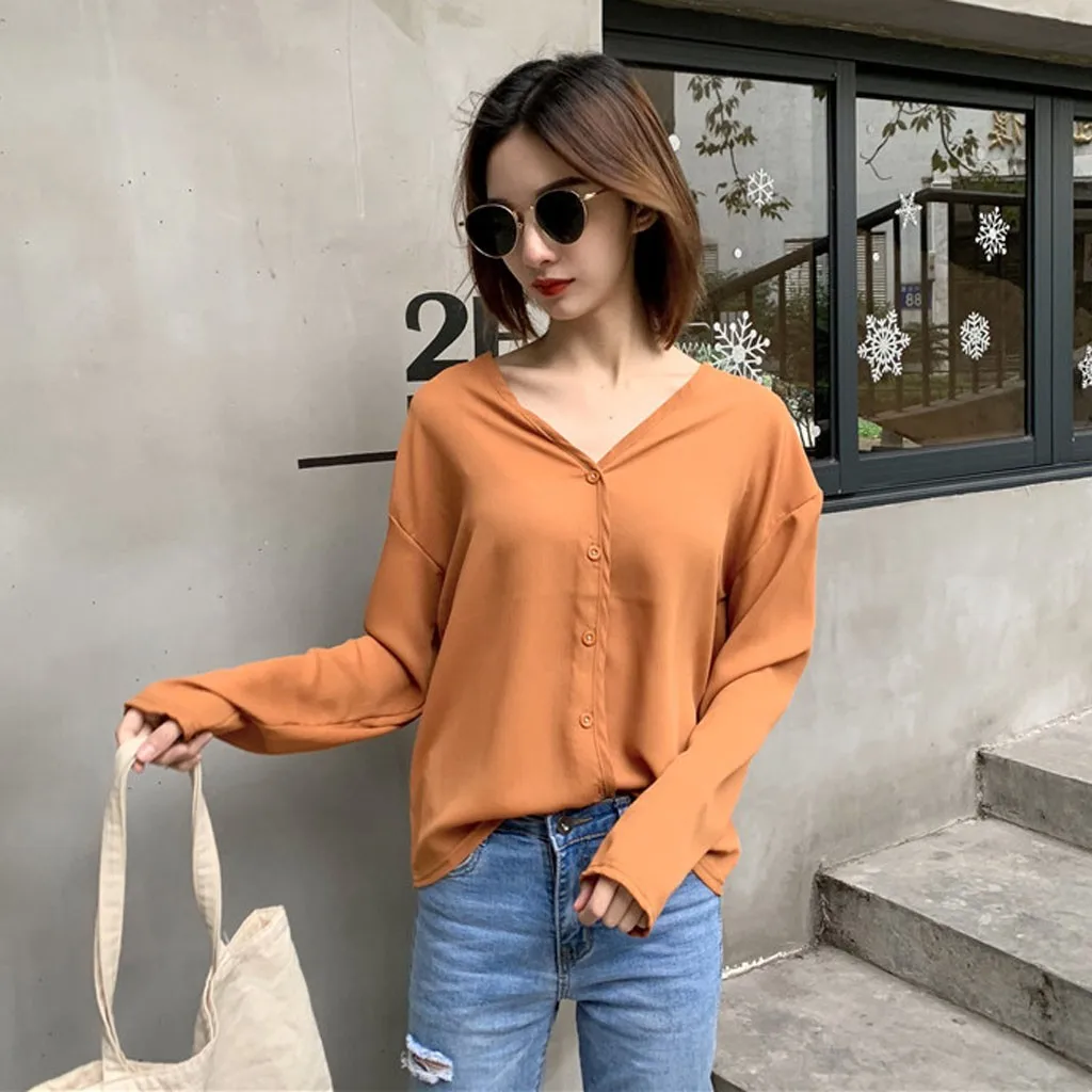 

Chic V Neck Long Sleeve Chiffon Shirt for Women Spring Chiffon Blouse Ladies Office Blouse Ladies Casual Tops #B2