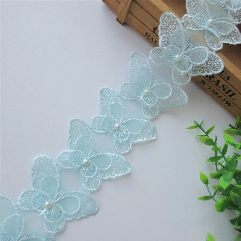 2 ярда голубая растворимая жемчужная бабочка из полиэстера вышитая кружевная