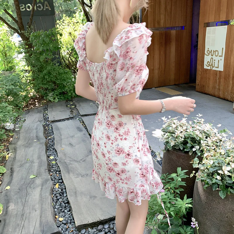 2020 новое летнее винтажное красное шифоновое платье с цветочным принтом тонким