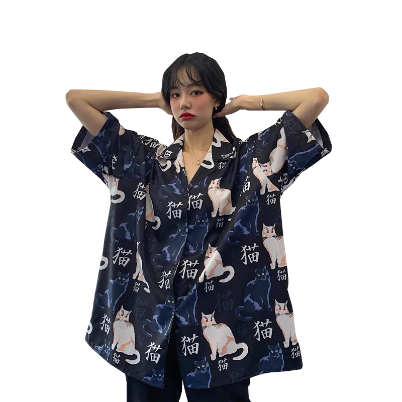 

Haruku BF large 200kg Shirt Short Sleeve female loose and thin printing Korean version summer 180kg cardigan top fashion