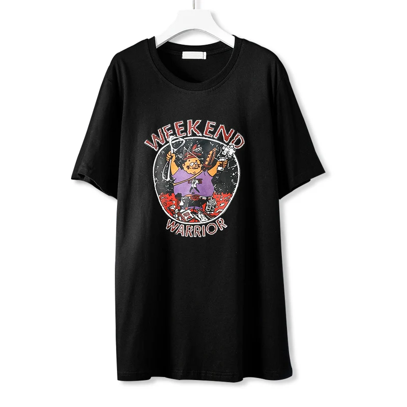 

Summer Korean style black Cartoon pattern printed Mid-length short-sleeve T-shirts women Loose street Casual long tops female