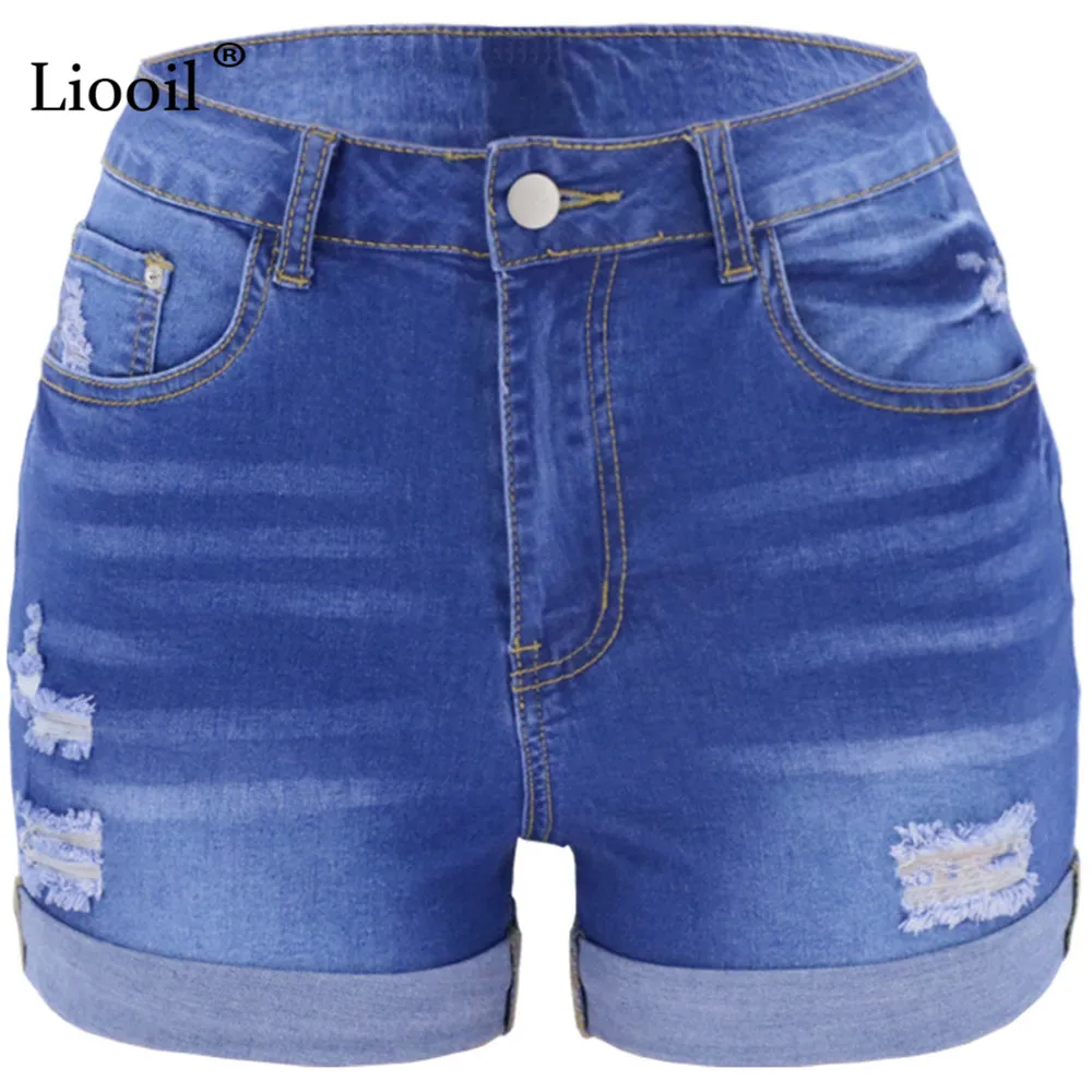 

Liooil Blue Ripped Skinny Denim Shorts With Pockets Women Summer 2021 Streetwear Distressed High Waist Sexy Hole Jean Shorts