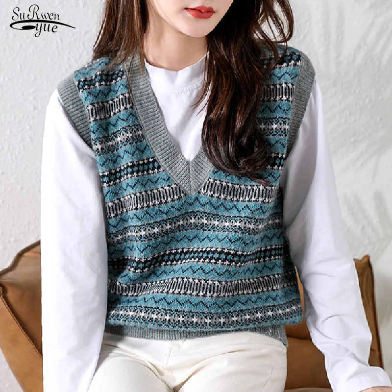 

Vintage Sleeveless Wool Pullover Sweater Vest Autumn Winter Knitted Vest Sweater Women Female Print Plaid Casual Sweaters 16320