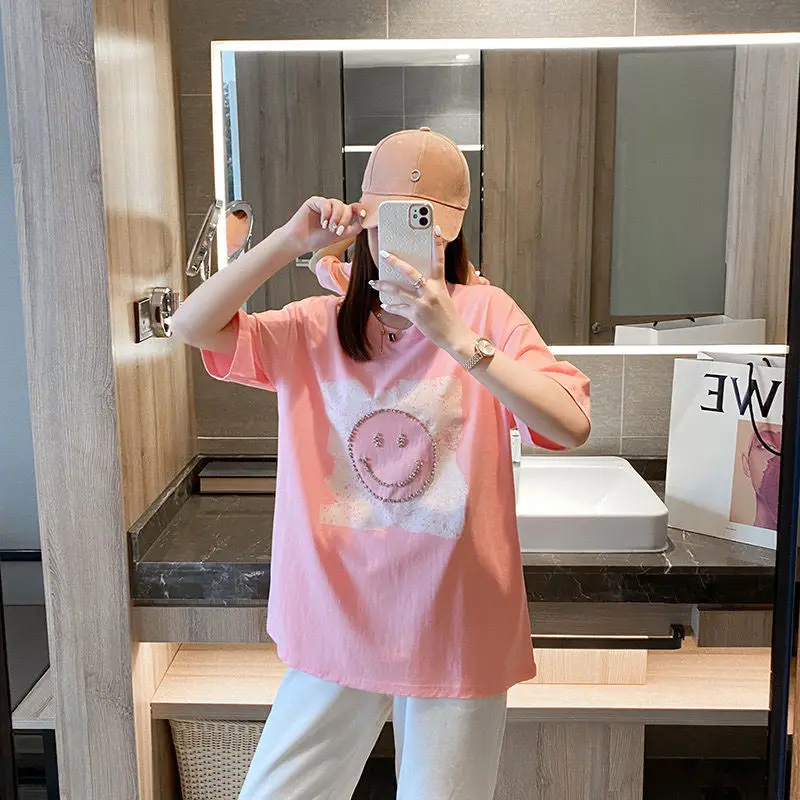 

New Diamond-encrusted Temperament All-match Smiling Face Pink Short-sleeved T-shirt Women's Mid-length Loose Top Women's Summer