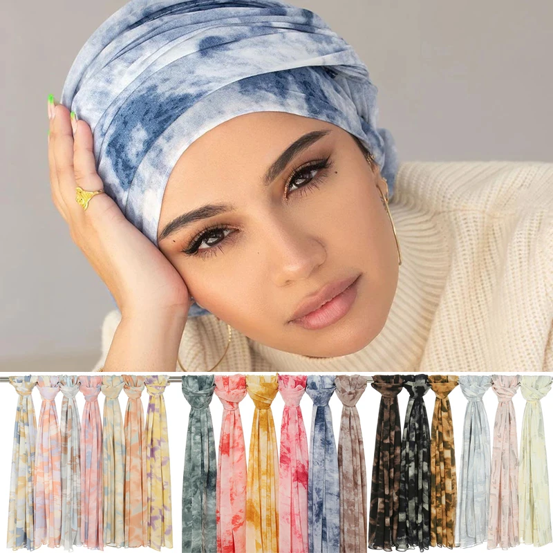 Fancy Tie Dye Printed Chiffon Hijab Scarf Muslim 2021 Veil Scarves for Women Islamic Shawl Head Wraps Headband Headscarf Turban