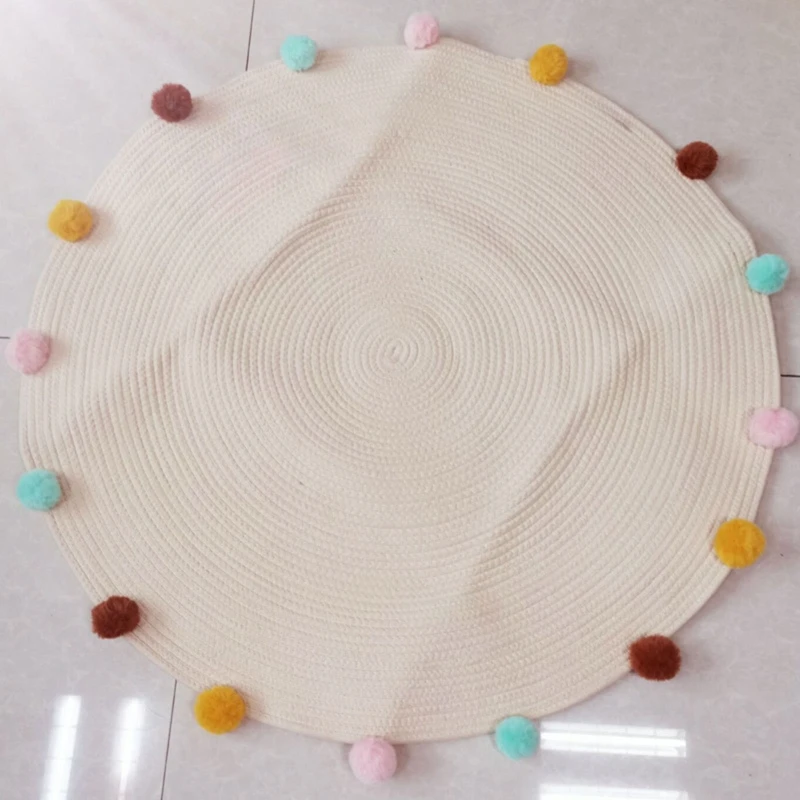 

Newborn Baby Hand Woven Cotton Crawling Pad with Wool Ball Floor Play Game Rugs