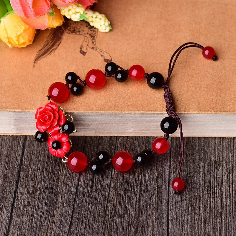 Hand Knitted Vintage Black Onyx Beads Strand Bracelet Classical Cinnabar Synthetic Flower Charm Bracelets Woman Jewelry Gift | Украшения и