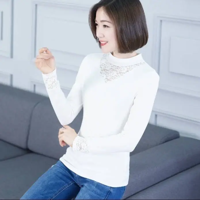 

Blouse Women Lace Women's Long-Sleeved T-shirt Autumn Winter Hollow-out plus Size Blusas Mujer De Moda