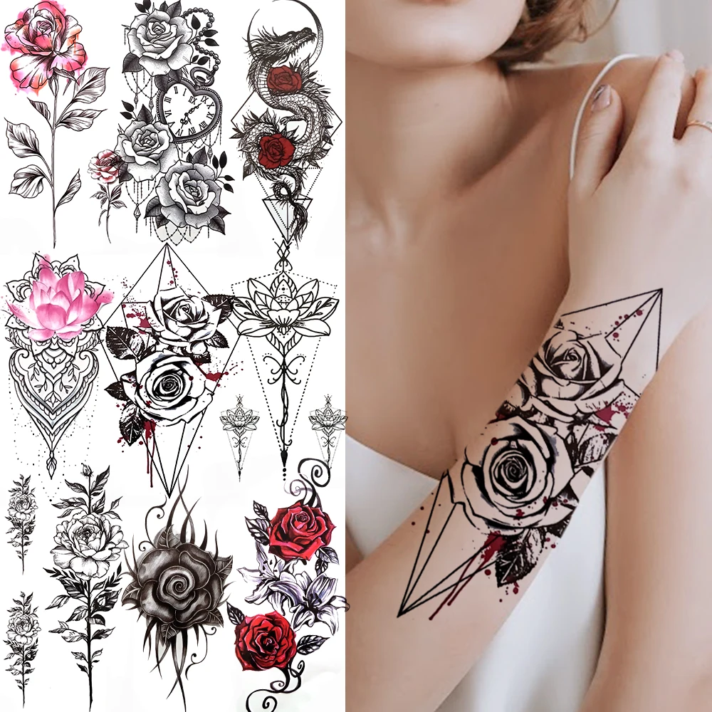 

Geometric Rose Flower Temporary Tattoo For Women Girl Fake Lace Lotus Peony Tattoo Sticker Totem Black Dragon Jewelry Arm Tatoos