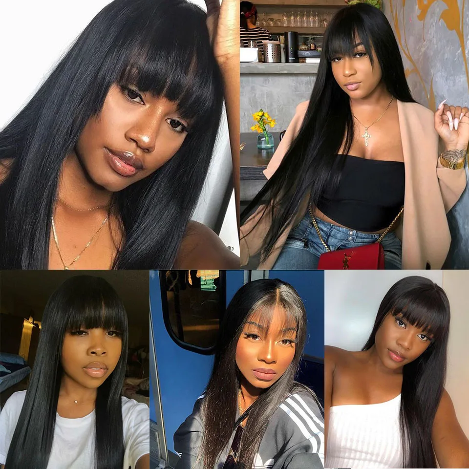 

Cheap Human Hair Wigs With Bangs Peruvian Long Straight Hair Wig With Bangs Fake Scalp Wigs For Black Women Non Lace Wig Remy