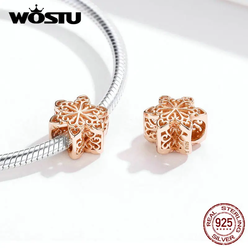 WOSTU 100% Стерлинговое Серебро 925 пробы снежинки амулеты розовое золото бусины