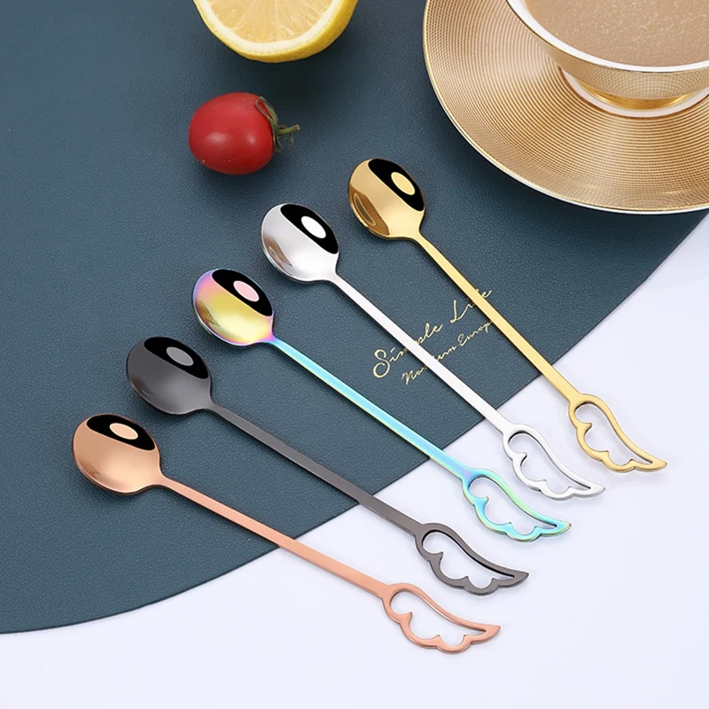 

Stainless Steel Spoons Lovely Wing Shape Coffee Cup Spoon Ice Cream Dessert Teaspoon Creative Hanging Scoop Tableware