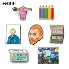 Эмалированная брошь с изображением картины Ван Гога, значок со звездным небом, солнцем, луной, кисточкой для рисования маслом, Подарочная бижутерия