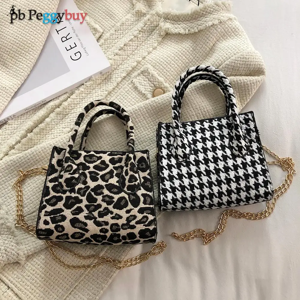 

Women Leopard Houndstooth Print Chain Shoulder Bag Lady LuxuryMini Zipper Top-handle BagAll-match Clutch Bags For Women 2021