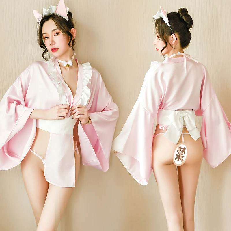 

Sexy underwear sexy perspective deep V lotus lace neckline butterfly waist closure cat ear kimono suit