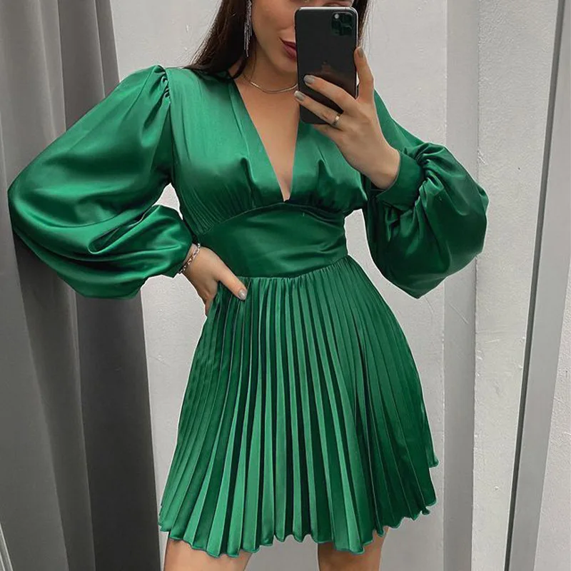 Satin Pleated A Line Lantern Sleeve V-Neck Sexy Party Dress High Waist Solid Casual Mini Dress 2022 Spring Female Clothing