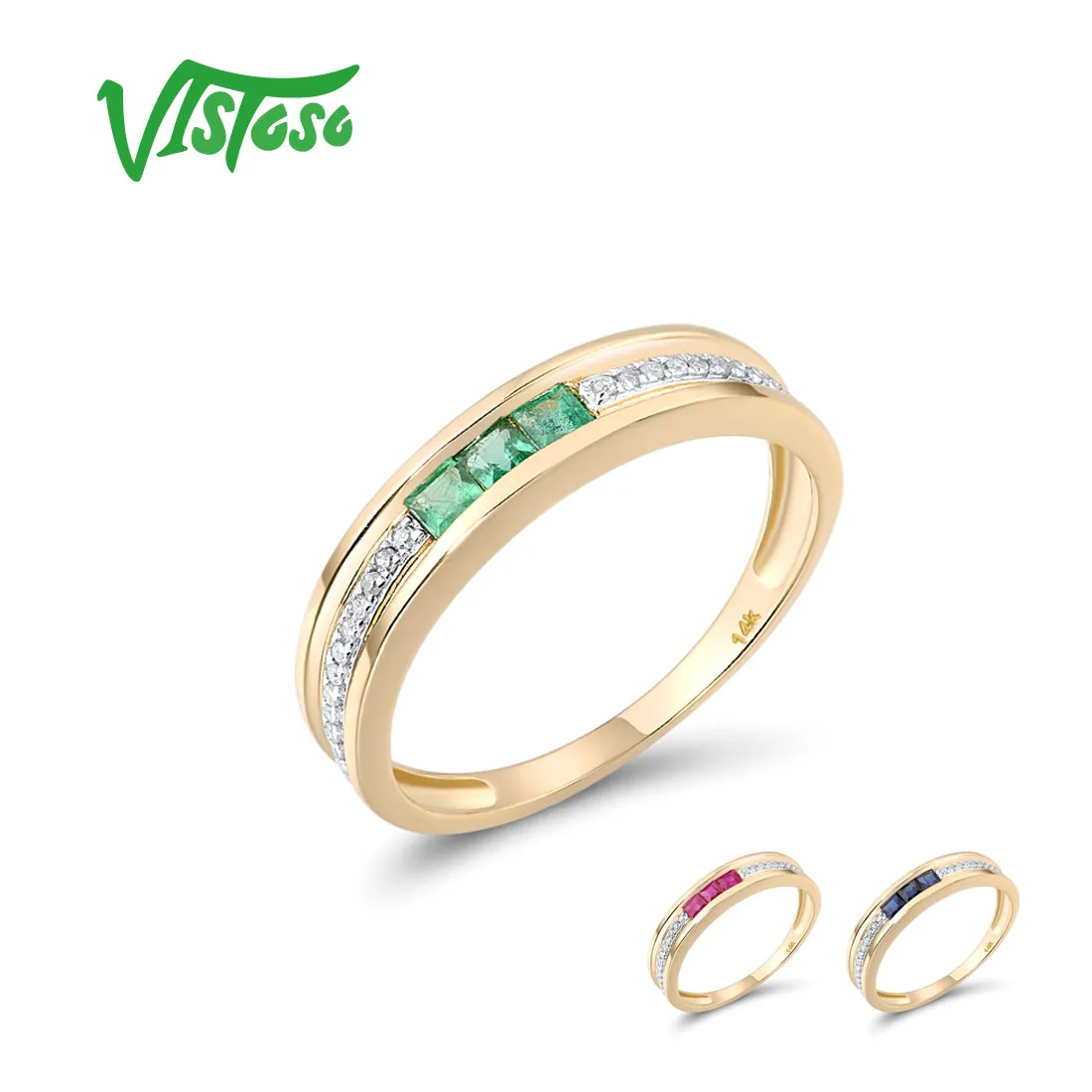 VISTOSO 14K желтого золота кольца для Для женщин Блестящий со стразами и квадратной Рубин Изумрудный синий сапфир Обручение Юбилей, подарок, изящное ювелирное изделие